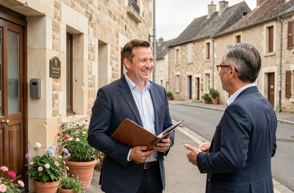 Expert-comptable du cabinet Abeil Expertise à Chécy dans le Loiret échangeant avec un client devant l'entrée du cabinet