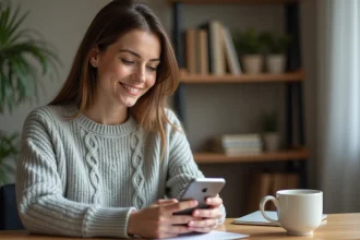 Femme accédant à son espace client Hello bank en toute sécurité depuis son smartphone à la maison
