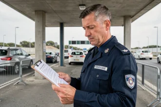 Agent des douanes françaises en uniforme au poste frontière franco-espagnol contrôlant des documents relatifs aux règles d'importation de tabac