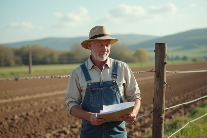 Agriculteur examinant un marqueur de terrain rural