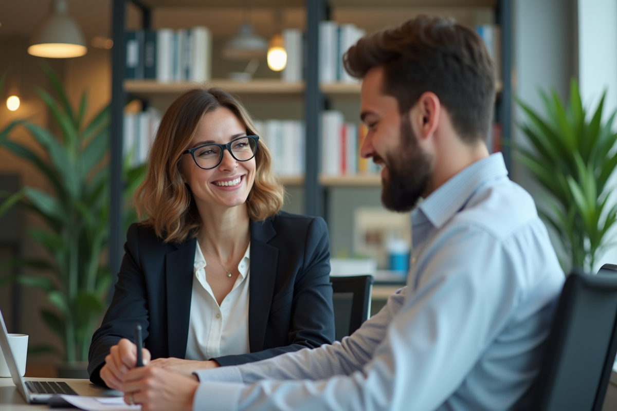 Femme d affaires aidant un jeune homme au bureau
