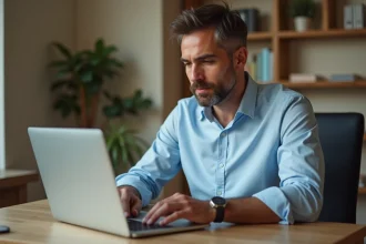 Homme consultant son espace bancaire en ligne sur un ordinateur portable dans un bureau à domicile pour ajouter un bénéficiaire