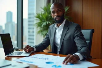 Homme d'affaires africain en costume gris examinant des documents financiers dans un bureau exécutif moderne avec vue sur la ville