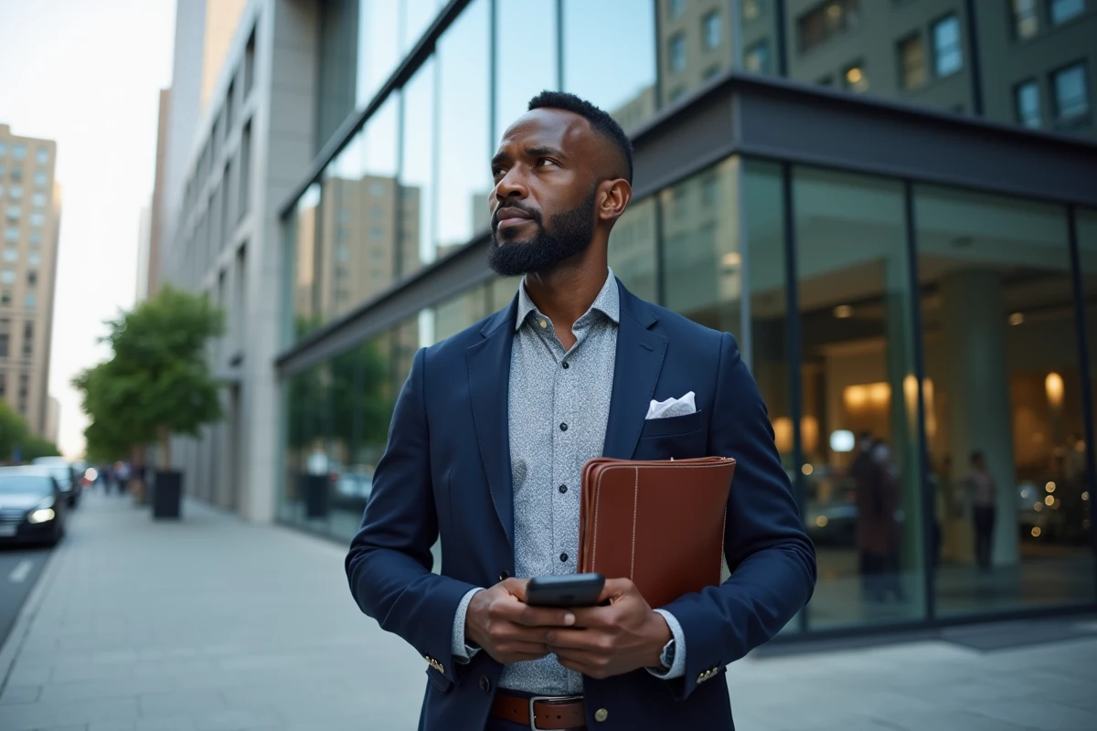 Homme d'affaires africain en blazer marine devant un immeuble commercial moderne symbolisant succès et placements financiers