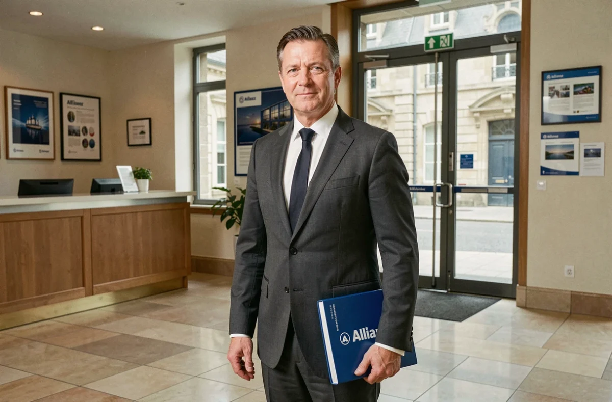 Agent Allianz de l'agence de Caen debout dans le hall d'entrée avec éléments architecturaux normands