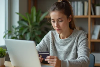 Femme utilisant une alternative à la banque postale pour un paiement en ligne sécurisé depuis son bureau à domicile