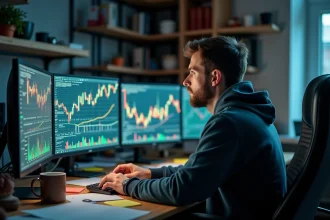 Joueur analysant les marchés boursiers BAWSAQ et LCN de GTA 5 sur plusieurs écrans avec graphiques financiers