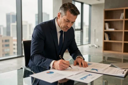 Homme en costume analysant des documents financiers sur un bureau en verre dans un bureau moderne pour identifier les SCPI rentables