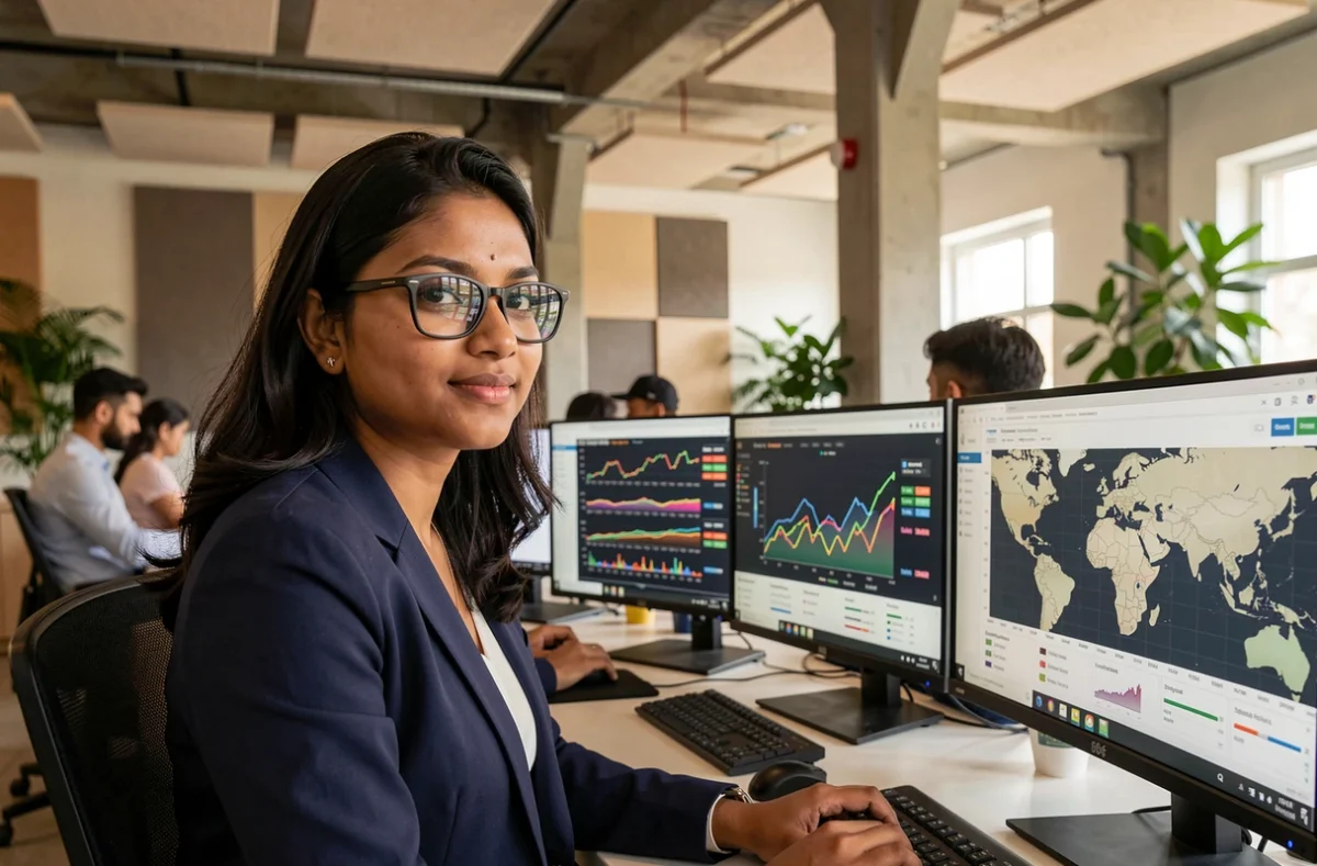 Analyste économique féminine étudiant des données de croissance économique mondiale sur plusieurs écrans dans un centre de recherche moderne