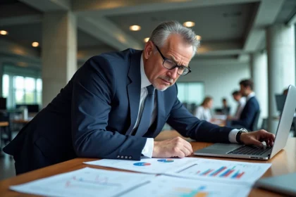 Analyste financier examinant des graphiques du modèle Fama & French sur son bureau dans un bureau d'investissement moderne
