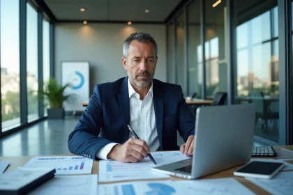 Analyste financier masculin en costume bleu marine examinant des rapports boursiers dans un bureau moderne avec vue sur la ville
