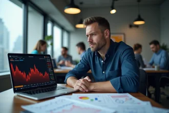 Analyste financier examinant la baisse du cours de Solana sur son ordinateur portable au bureau