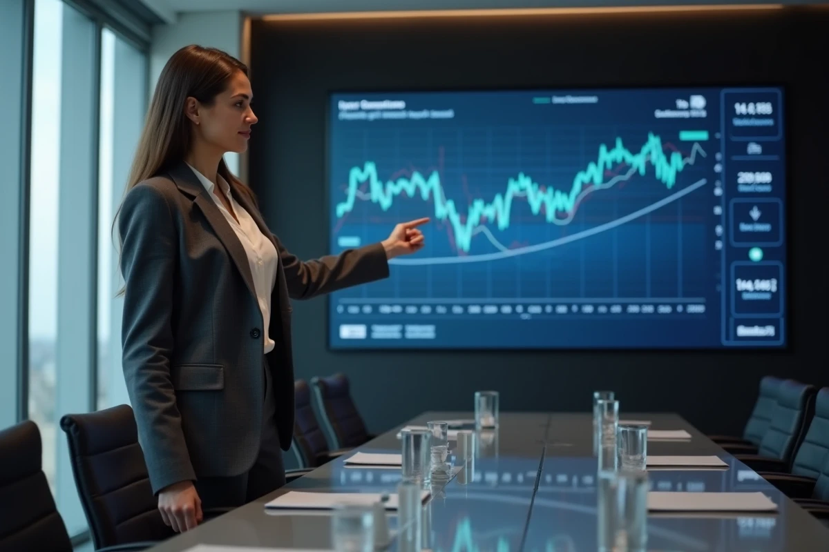 Analyste financière féminine présentant des graphiques boursiers sur écran numérique dans une salle de conférence d'une banque d'investissement