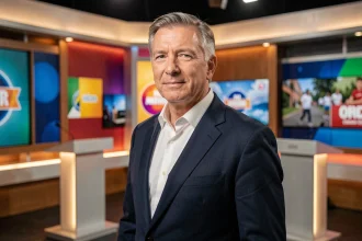 Animateur de télévision en costume marine dans un studio de jeu télévisé, symbolisant une carrière médiatique prestigieuse et bien rémunérée