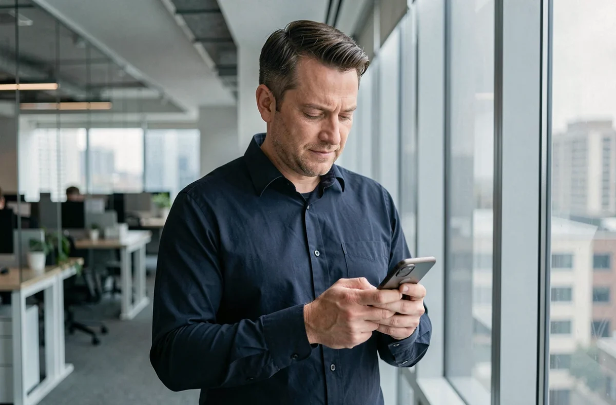 Homme consultant l'application bancaire Cyberplus sur son smartphone dans un bureau moderne en ville