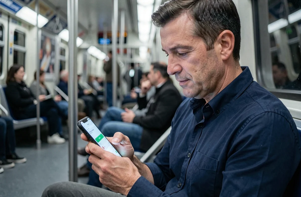 Homme consultant l'application mobile Caisse d'Epargne dans les transports en commun