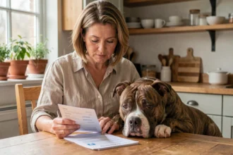 Propriétaire consultant son contrat d'assurance pour chien de catégorie 1 avec son American Staffordshire Terrier à ses côtés