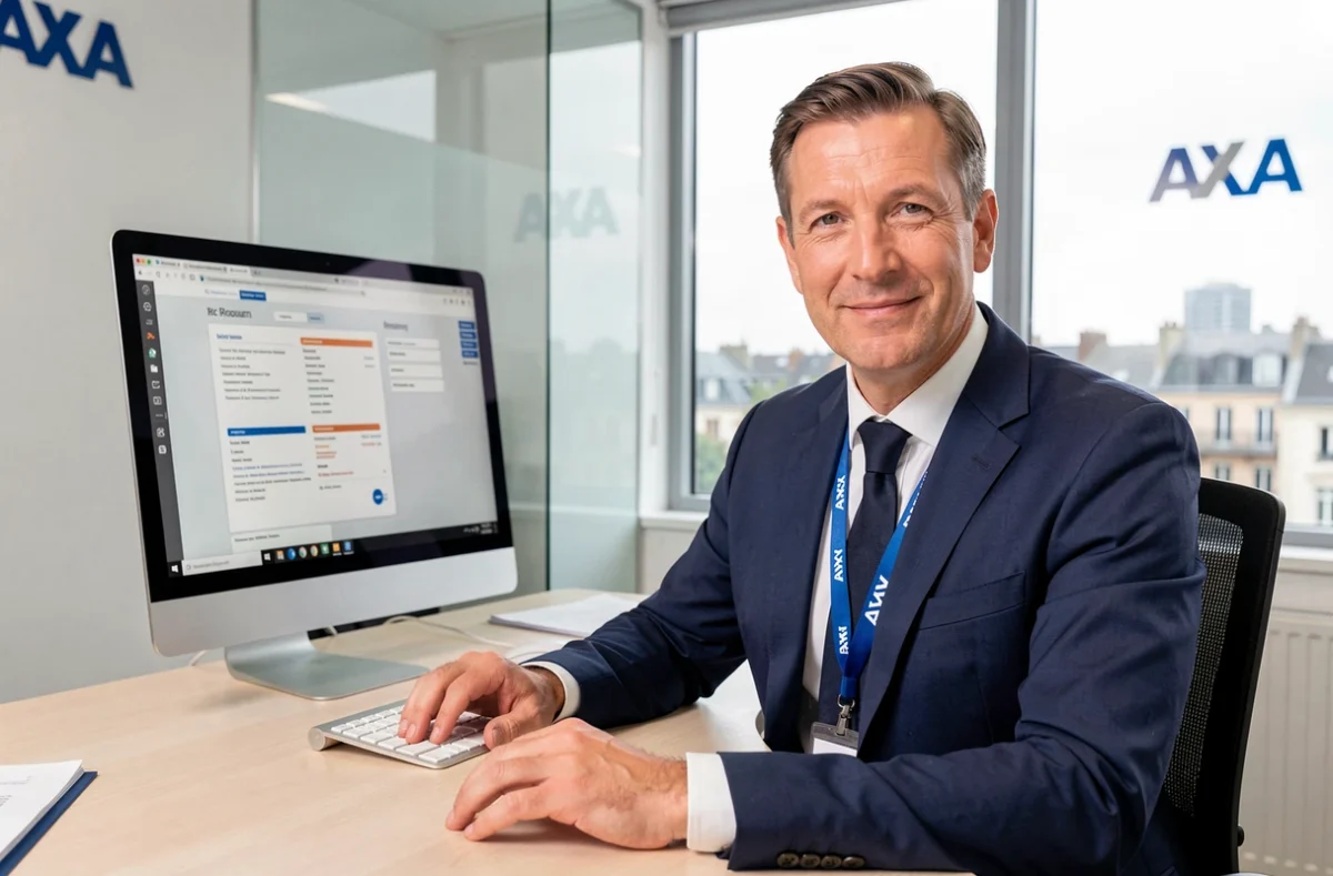 Agent de l'agence AXA de Rouen assis à son bureau professionnel avec signalétique AXA en arrière-plan