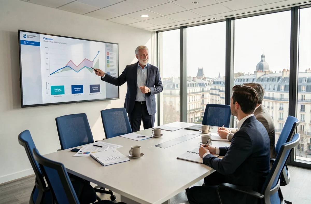 Consultant Baker Tilly présentant une stratégie de développement régional à des clients en salle de réunion dans la région Centre