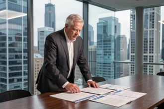 Banquier senior examinant des documents de conformité réglementaire Bâle III dans une salle de conférence vitrée avec vue sur une skyline urbaine