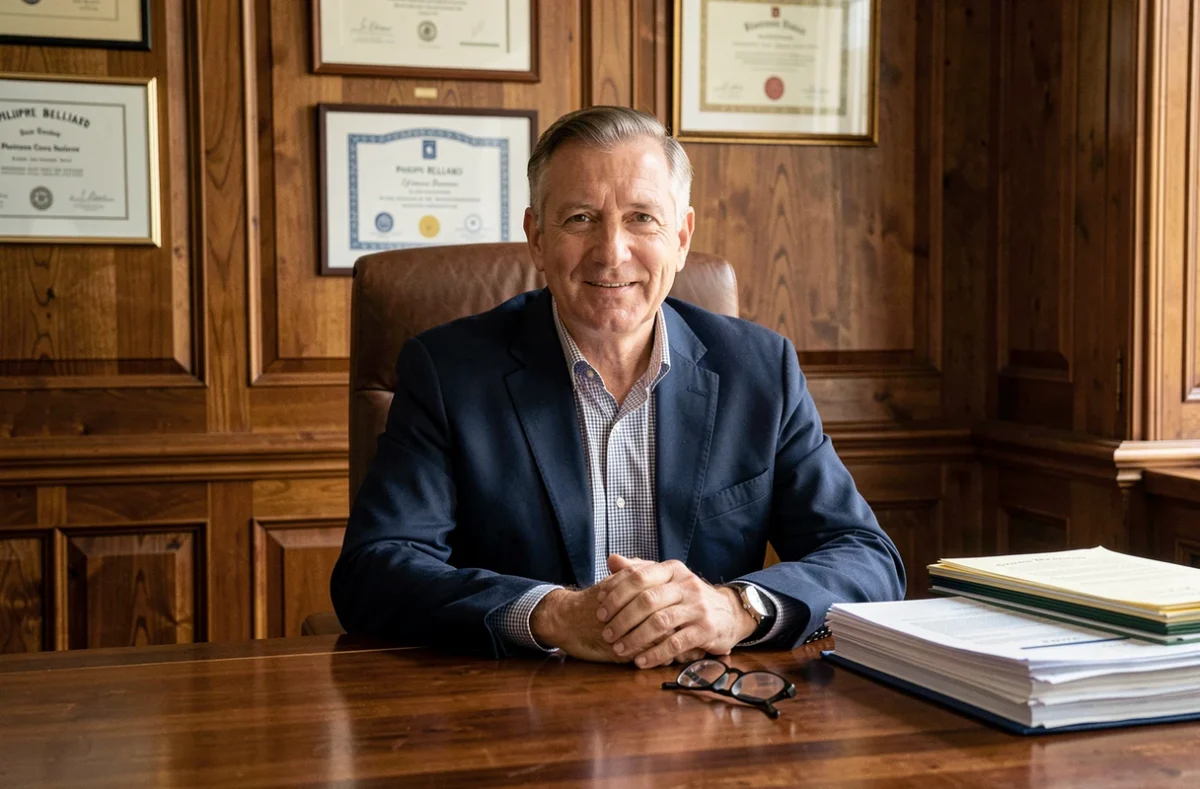 Philippe Belliard, agent d'assurance à Rouen, assis à son bureau traditionnel avec diplômes encadrés