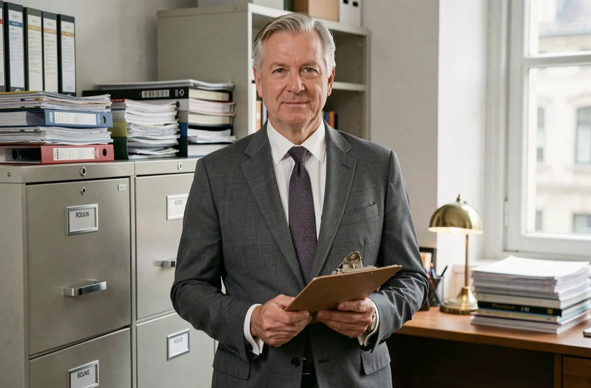 Daniel Boucher, agent d'assurance à Rouen, debout dans son bureau organisé avec dossiers et lampe vintage