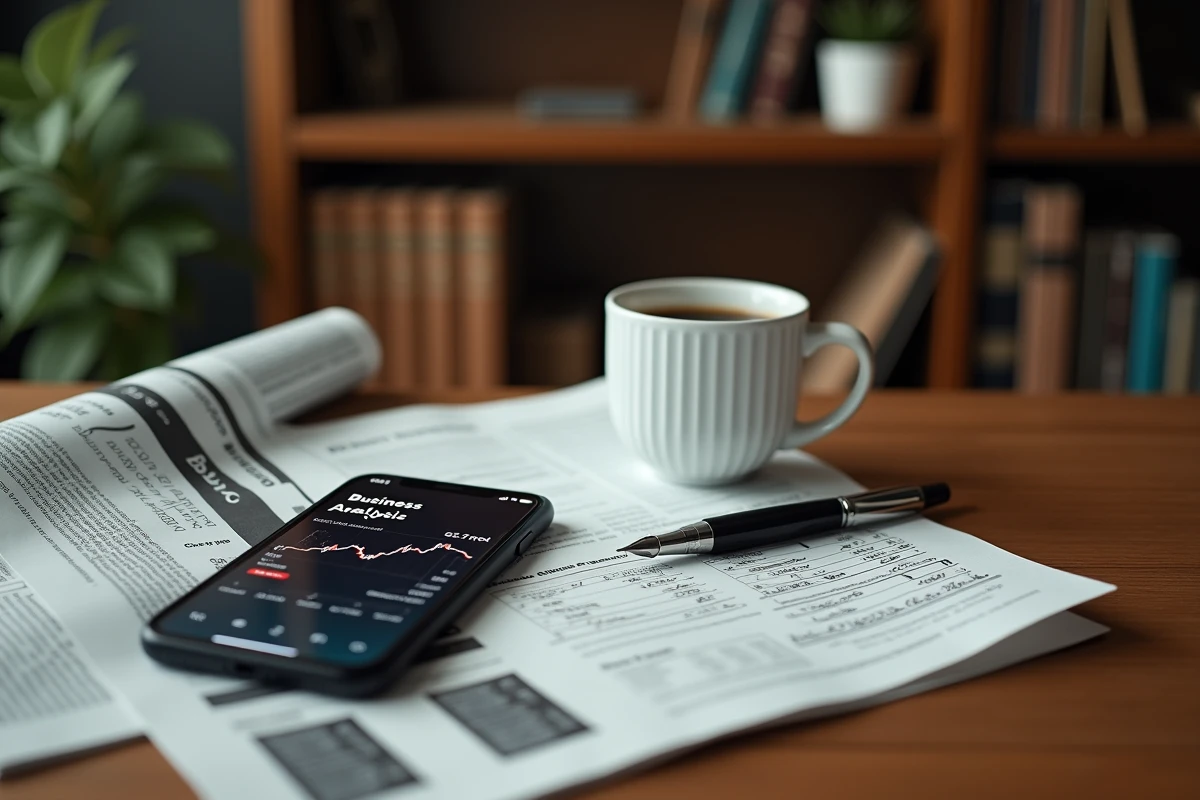 Gros plan sur un bureau avec journal financier, smartphone affichant une application boursière et notes manuscrites d'analyse de marché