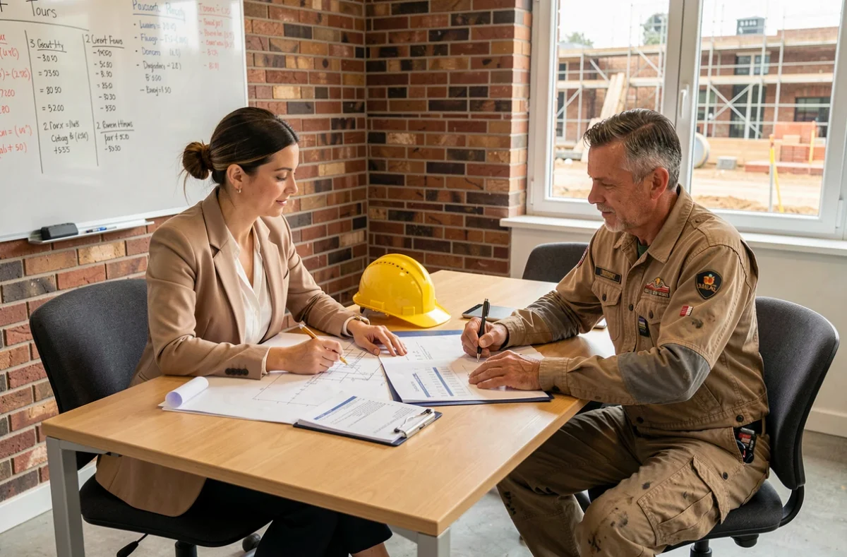 Comptable spécialisée BTP et artisans en réunion avec un client du secteur construction dans un cabinet à Tours