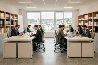 Cabinet comptable moderne en Centre-Val de Loire avec des professionnels travaillant sur des documents financiers dans un open space lumineux