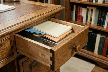 Caisse à argent discrète cachée dans un tiroir de bureau en bois sous des documents