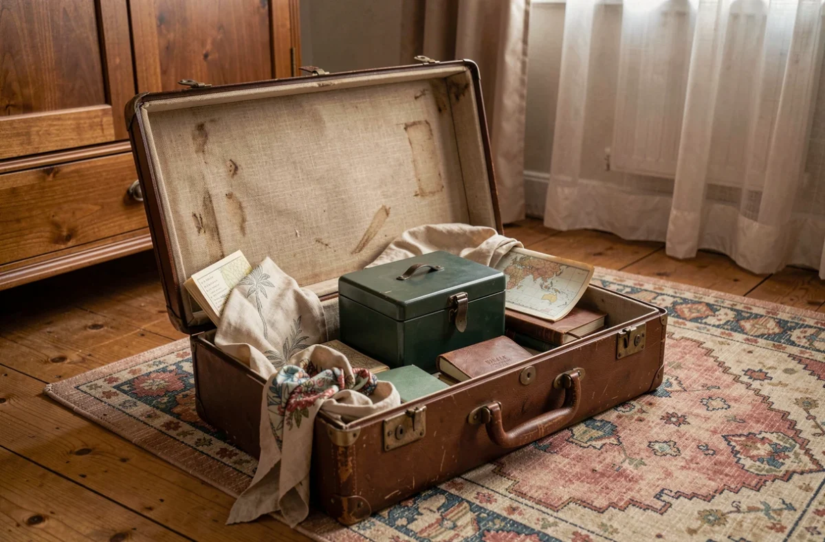 Caisse à billets verte cachée dans une vieille valise avec des affaires personnelles dans une chambre