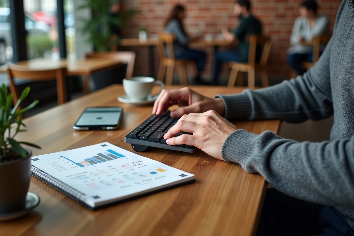 Gros plan de mains calculant la rentabilité d'un investissement dans un espace de coworking chaleureux