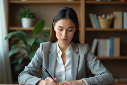 Femme calculant son salaire net pour un contrat de 25 heures par semaine au SMIC 2026 avec une fiche de paie et un bloc-notes