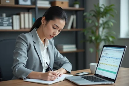 Femme professionnelle calculant un taux d'évolution dans un cahier avec un ordinateur affichant des données chiffrées
