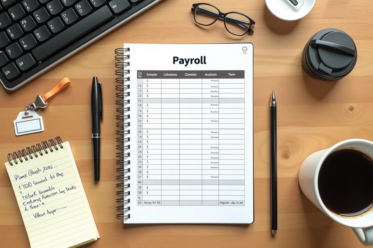Vue du dessus d'un bureau d'enseignant avec un calendrier de paie 2026, un carnet de notes sur les primes et un badge scolaire