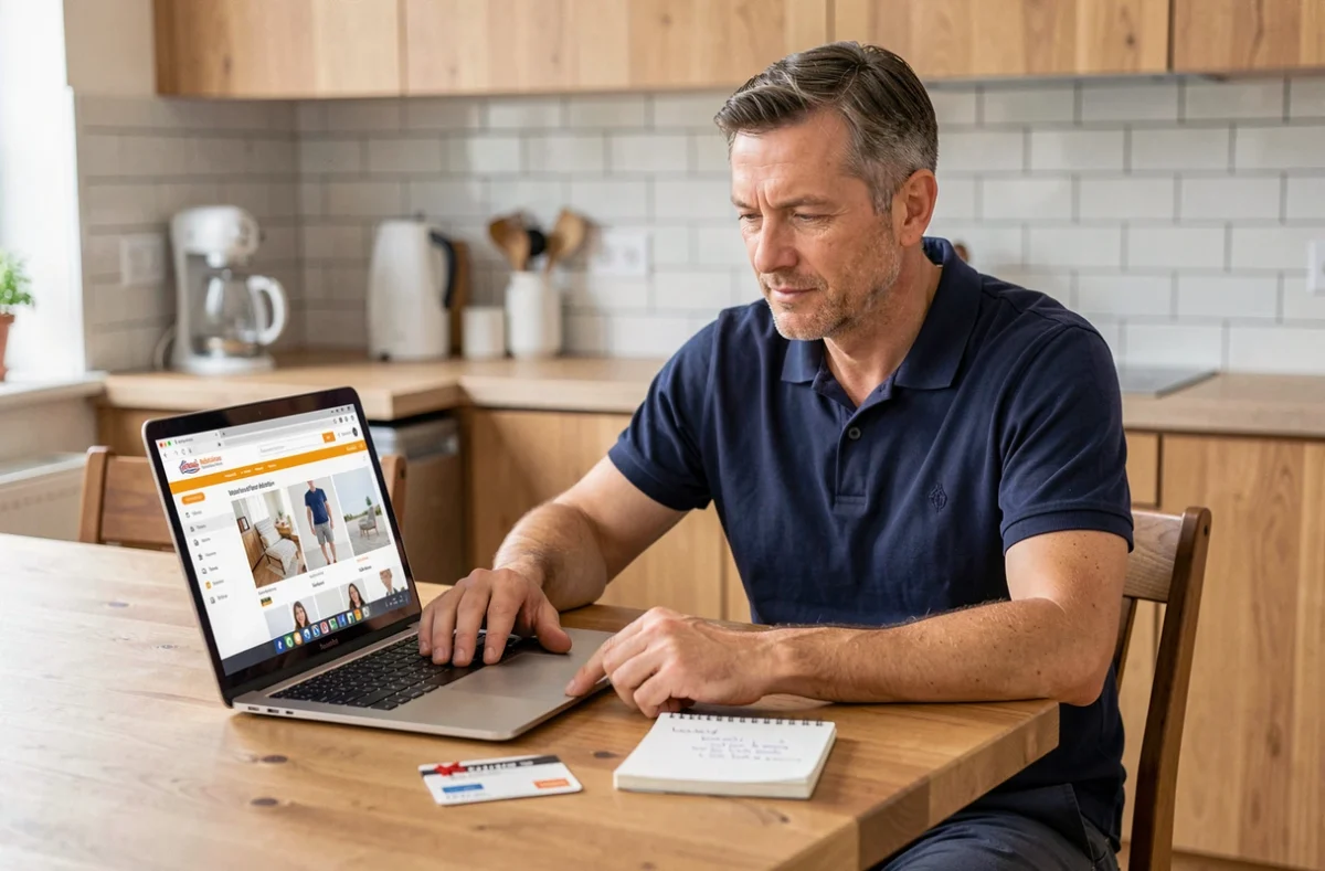 Homme utilisant une carte Illicado en ligne sur ordinateur portable pour optimiser ses achats Leroy Merlin depuis chez lui