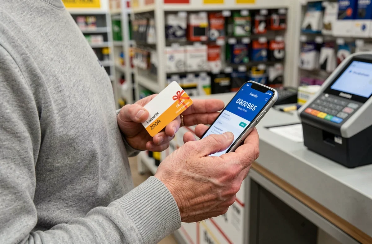 Mains tenant une carte Illicado et un smartphone à la caisse d'un magasin Leroy Merlin pour maximiser les économies