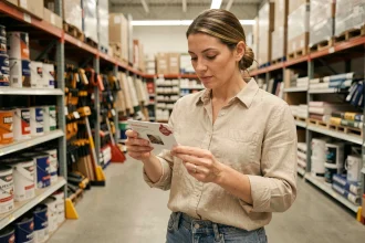 Femme tenant une carte cadeau Illicado dans un magasin Leroy Merlin, examinant les avantages et astuces pour optimiser ses achats bricolage