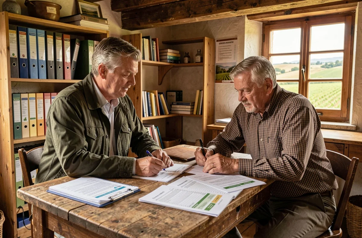 Conseiller comptable agricole Cerfrance Alliance Centre en consultation avec un agriculteur dans une exploitation rurale du Centre-Val de Loire