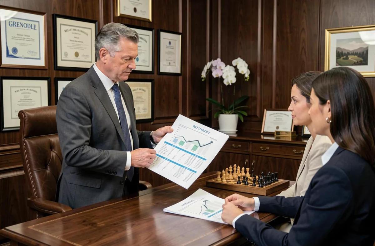 Conseiller CGA Patrimoine Grenoble présentant une stratégie de gestion patrimoniale et de crédit immobilier