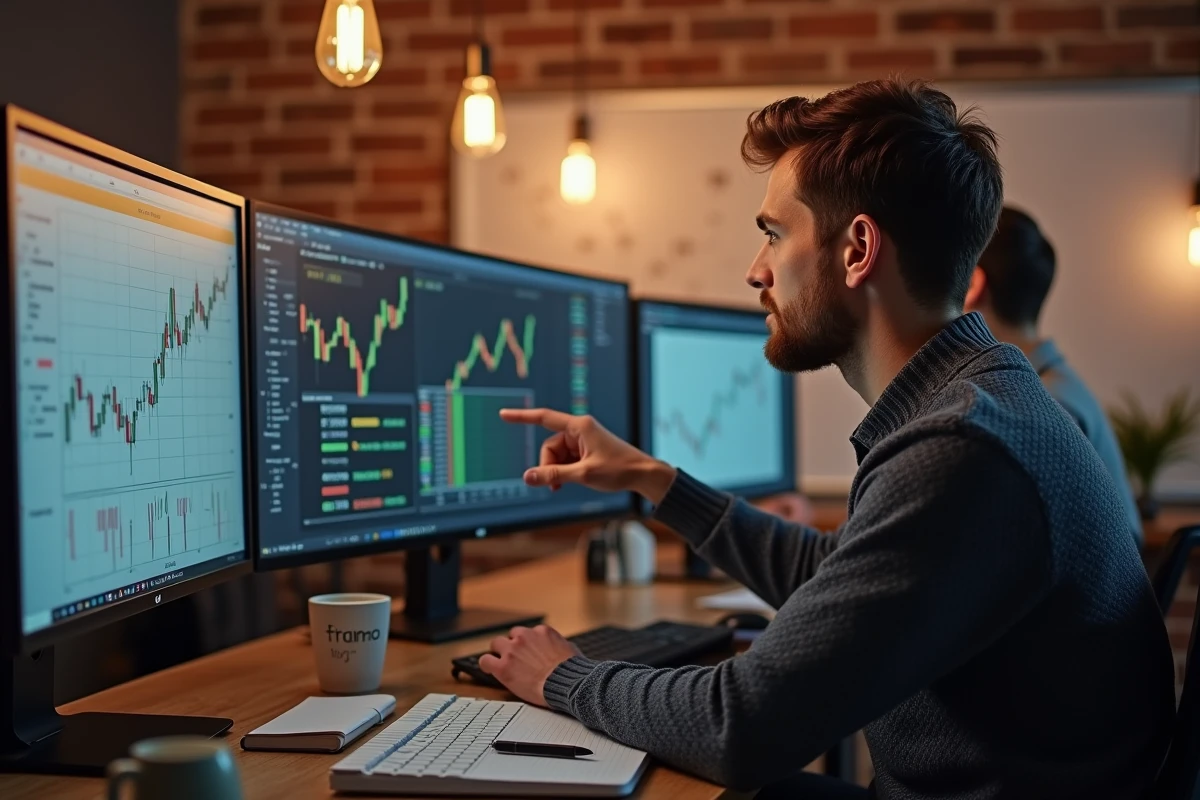 Deux chercheurs quantitatifs analysant le backtesting du modèle Fama & French sur plusieurs écrans dans un espace fintech