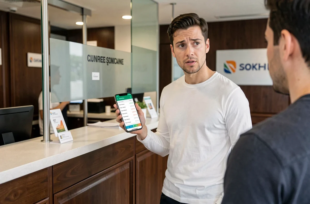 Client en agence bancaire consultant son application mobile pour signaler une opération inconnue sur son relevé de compte