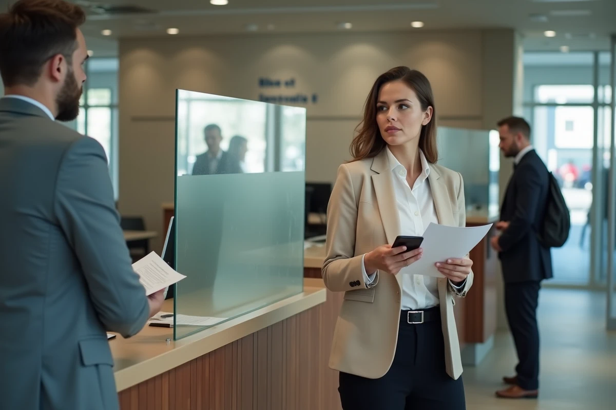 Cliente en agence bancaire signalant un prélèvement AMZ Digital FRA non autorisé à un conseiller