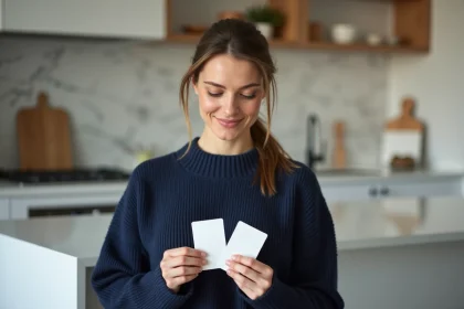 Femme comparant deux cartes cadeaux dont une enseigne Kadéos Infini dans une cuisine moderne