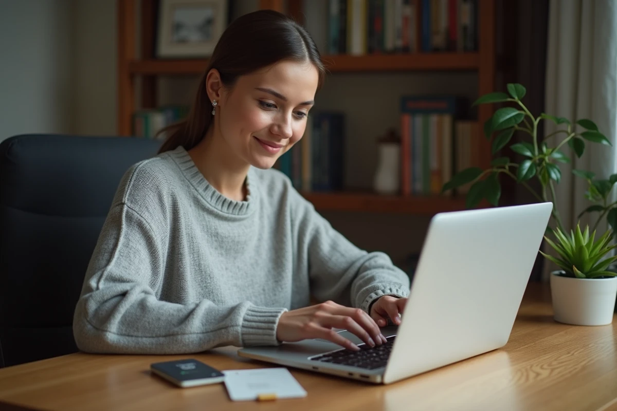 Jeune femme comparant en ligne les avantages de la carte Kadéos Infini et d'une carte cadeau concurrente depuis son bureau