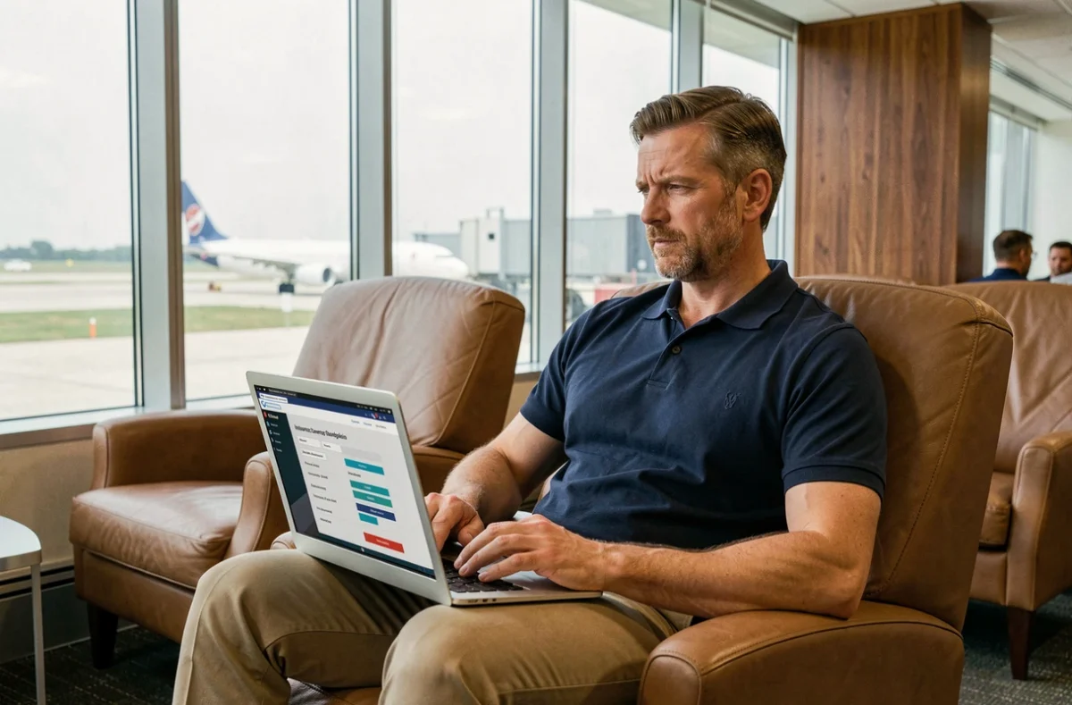 Voyageur comparant les garanties d'assurance voyage Air France sur un ordinateur portable dans un salon d'aéroport