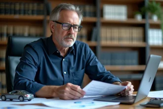 Comptable examinant des documents fiscaux relatifs à l'amortissement non déductible d'un véhicule de tourisme en entreprise