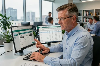 Comptable en entreprise comparant un simulateur TVS en ligne avec un tableau Excel sur deux écrans de bureau