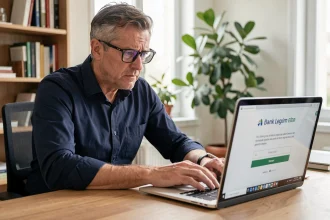 Homme devant un ordinateur portable affichant une erreur de connexion à l'espace client Société Générale