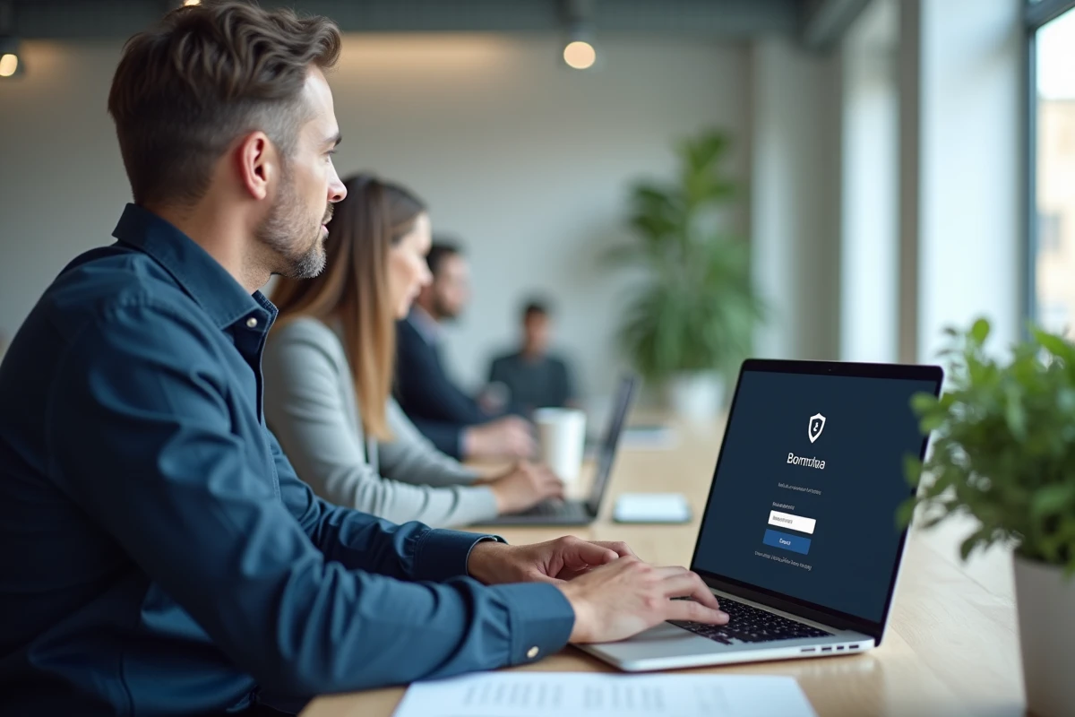 Homme se connectant à son compte Hello bank depuis un ordinateur portable en milieu professionnel